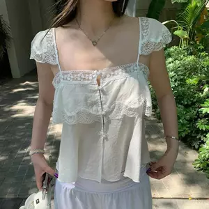 LUImo - Áo thun hai dây ren chắp vá, phong cách Hàn Quốc, phù hợp mùa hè
