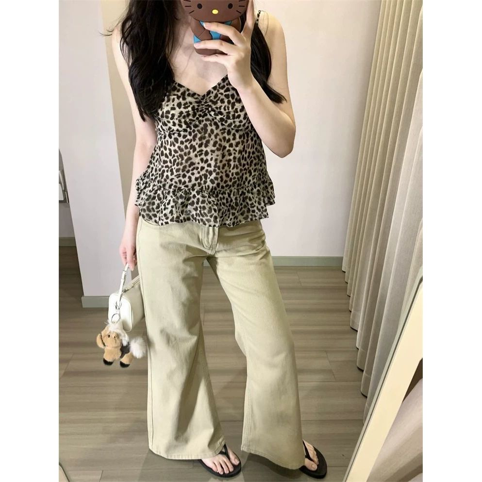 Milyfashion Áo Ngắn Da Báo In Họa Tiết Cổ Chữ V Phong Cách Y2K