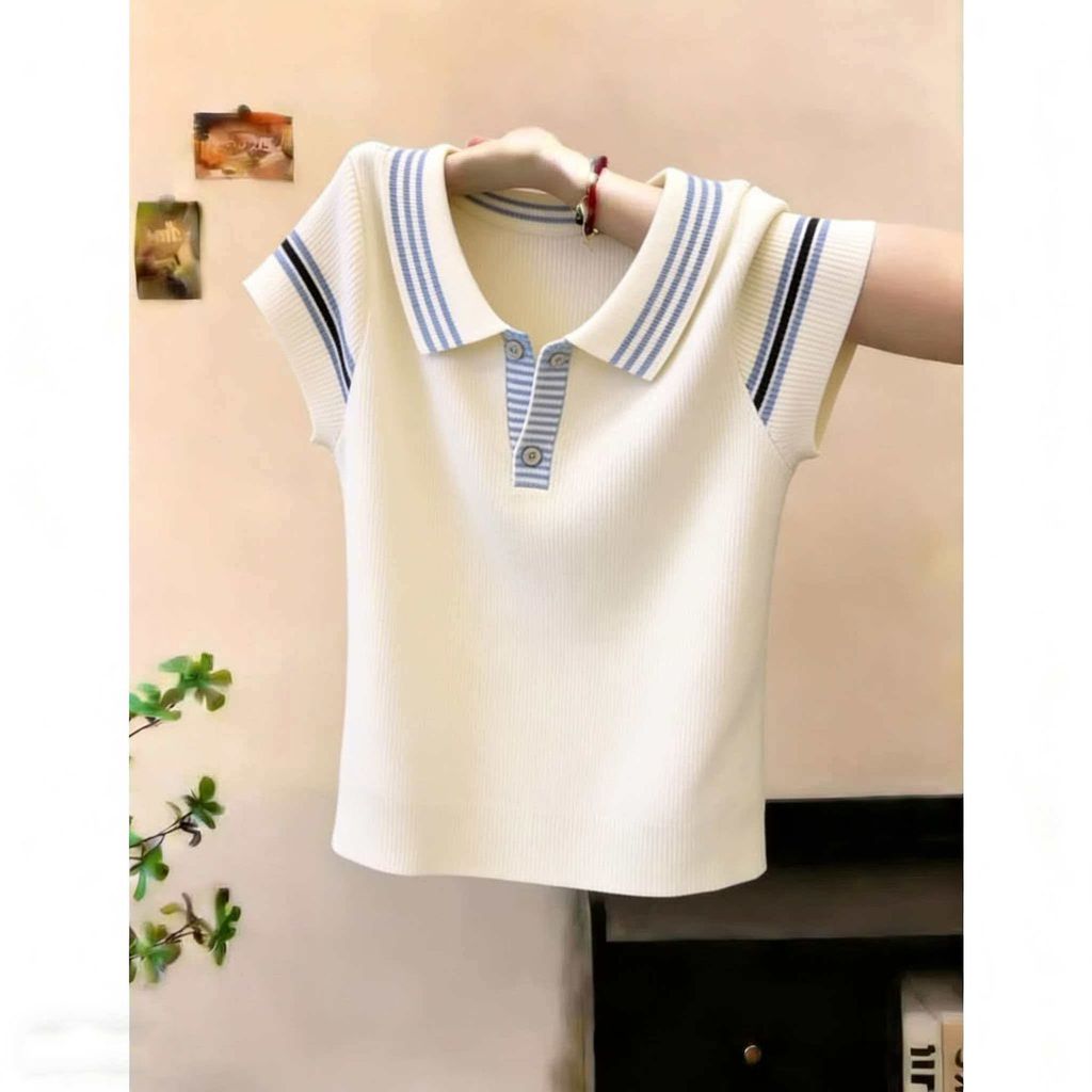 Mùa hè Phong Cách Mới Phong Cách Hàn Quốc Plus Size Quần Áo Nữ Ice Silk Áo Len Tay Ngắn | Thiết kế sọc phù hợp thời trang, Vỏ bọc thịt mỏng hơn, thoáng khí thoải mái, Quần áo mẹ sang trọng thời trang, giản dị
