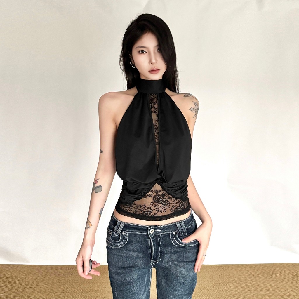 Cutenew Áo Chắc Chắn Dây Tắt Tay Áo Lưng Cá Tính Niche Hot Chick Côn Eo Ruched Thời Trang Tính Khí Phong Cách Nóng Mới