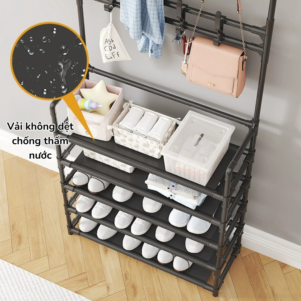 Kệ Đựng Giày Dép 5 Tầng Kèm Giá Treo Quần Áo Túi Xách HomeMate, Kệ Giày Thép Không Gỉ Đa Năng
