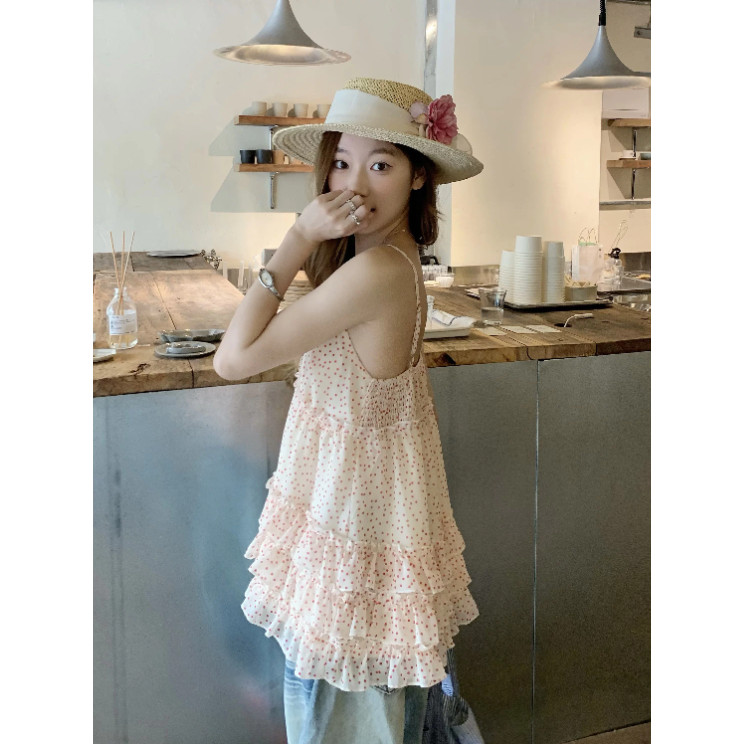 SUXI Áo sơ mi yếm xù chấm bi nhẹ nhàng phong cách mới mùa hè dành cho nữ 260507