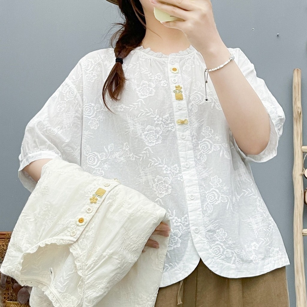 [Sẵn Sàng] Áo Sơ Mi Nữ Sợi Cotton Thêu Hoa Hồng Ba Chiều Chậu Áo Sơ Mi Trắng
