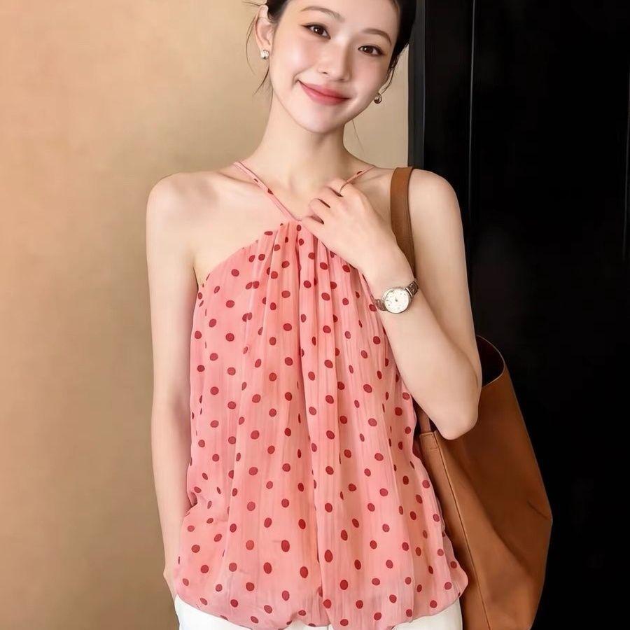 Sling Top Nữ Mùa Hè Pure Desire Chấm Bi Dây Cổ Sling Phong Cách Ngày Lễ Du Lịch Mặc Ống Rời Top Hoa Bud Áo Sơ Mi Bé Phù Hợp Với Hàng Đầu