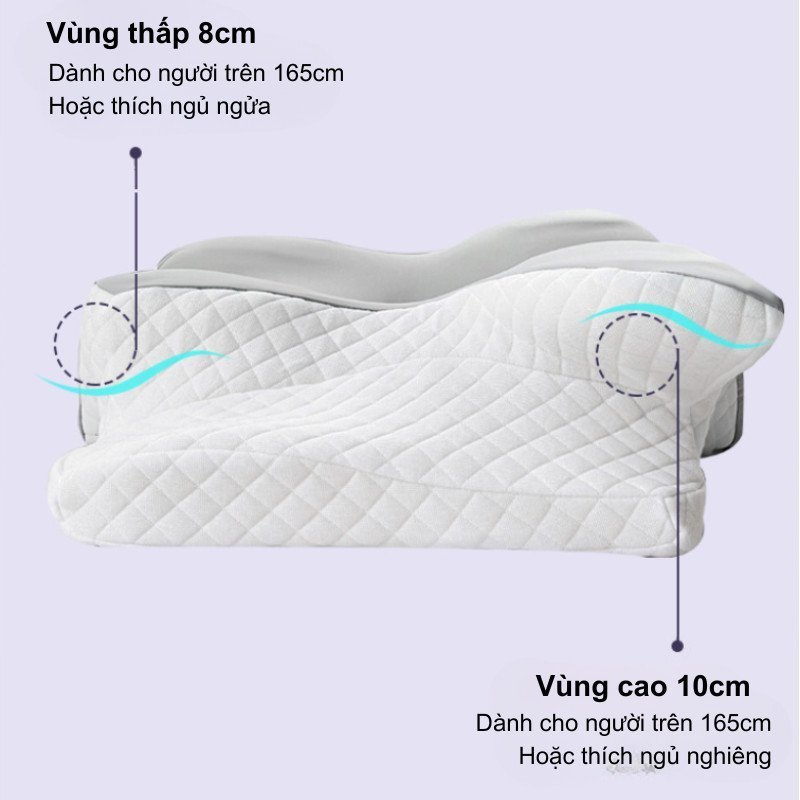 Gối công thái học hình bướm, mút hoạt tính cao cấp, nâng đỡ cổ và vai, thoáng khí và mềm mại, giúp ngăn ngừa ngáy ngủ.