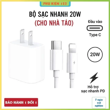 Bộ sạc 20W (củ sạc + dây sạc nhanh) cho 8-14PRM. Sạc 60p lên 80% Pin. Cốc sạc Type C, Dây sạc 20W sạc nhanh gấp 3 lần