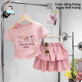 Set bé gái lệch vai mùa hè - Áo in thú vui nhộn + váy tầng xếp lớp phong cách năng động dễ phối