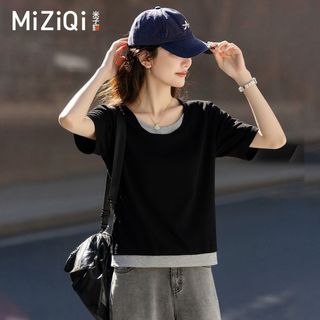 【Nên mua】áo kiểu nữ tay ngắn giả hai lớp đen xám, dáng rộng chất thun mềm, áo thun nữ năng động dễ