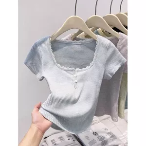 Áo thun nữ sọc vai, form slim-fit phù hợp mùa hè