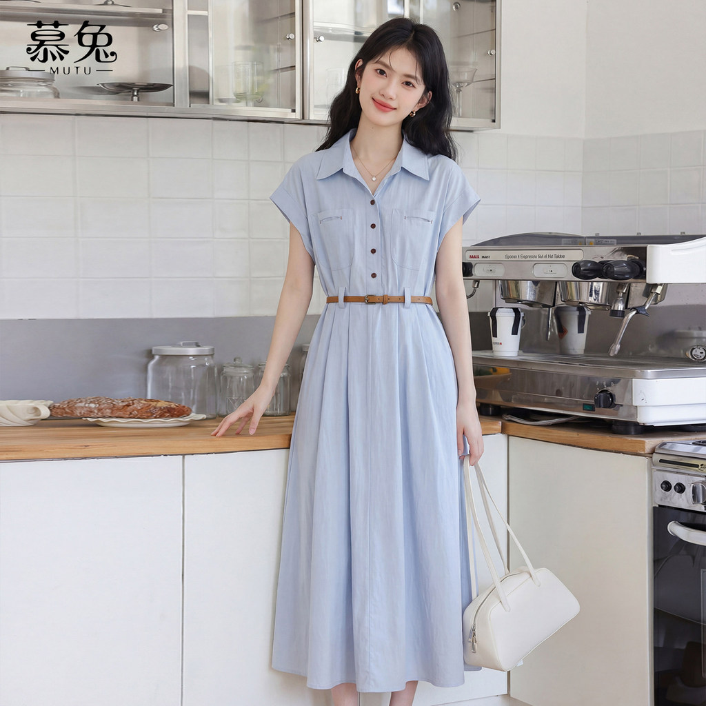 Mút áo sơ mi tay ngắn màu xanh dương phong cách Hàn Quốc, phù hợp mặc mùa hè