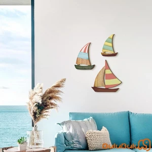Bộ 3 nghệ thuật treo tường thuyền buồm phẳng bằng gỗ Trang trí tường hải lý cho phòng khách gia đình Phòng ngủ