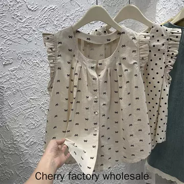 Thời Trang Phong Cách Mới Nữ Chấm Bi Áo Sơ Mi Bay Tay Áo Sơ Mi Không Tay Áo Sơ Mi Cho Bé Ôm Hơn Nhìn Giảm Tuổi Nữ Top Quần Áo