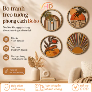 Bộ 4 Tranh Gỗ Tròn Bohomian – Kèm Keo Dán, Phong Cách Tinh Tế, Trang Trí Tường Đẹp Cho Không Gian Sống