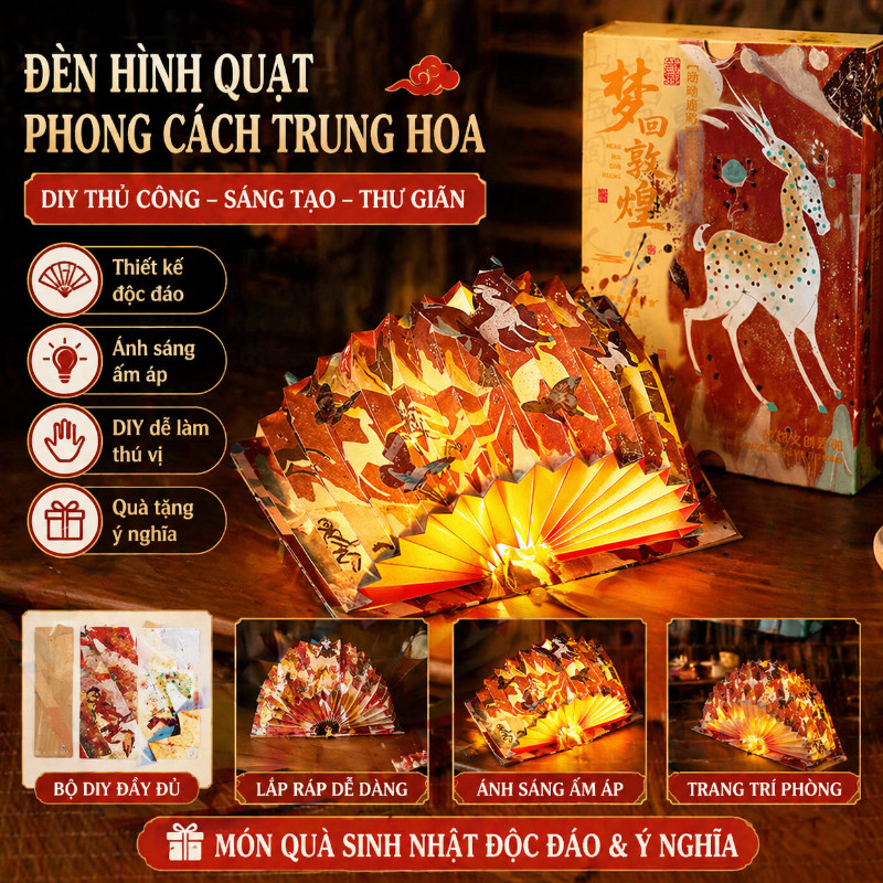 Phong Cách Trung Hoa Đèn Hình Quạt DIY, Thư Pháp,Trang Trí Bàn Học,Quà Sinh Nhật Độc Đáo
