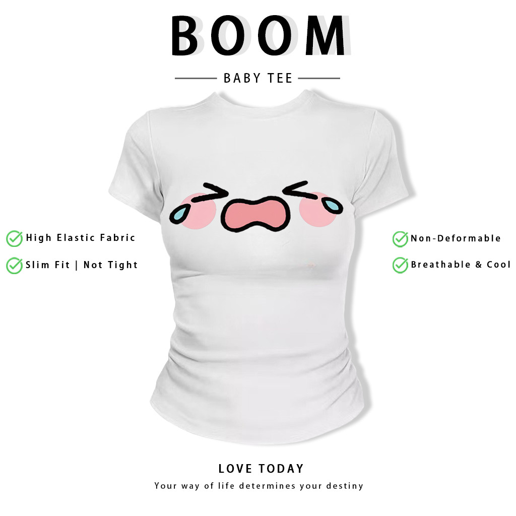 BOOM Áo Baby Tee Nữ Cotton Ôm Body-Áo Thun Ngắn Tay Y2K In Hình PhongCách Mùa Hè, Cổ Tròn Hàng Đầucách hàn quốc phongV16