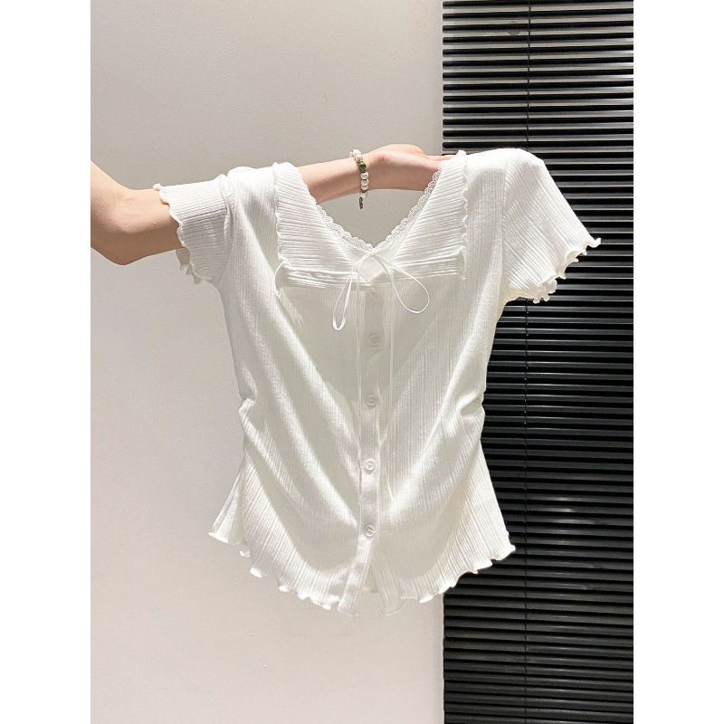 [Seckill trong thời gian có hạn] Mùa hè mỏng hơn dáng rộng hẹp phù hợp với phong cách mong muốn thuần khiết giả hai mảnh cổ tròn ren ngắn @ -