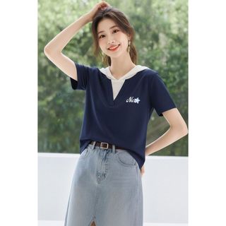 【MiZiQi】Áo thun có mũ trùm đầu cổ chữ V dành cho nữ, thiết kế áo thun ngắn tay hai mảnh giả