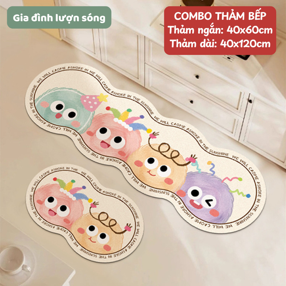 Bộ 2 Thảm Bếp Tảo Cát Diatomite Siêu Thấm Hút, Thảm Trải Sàn Nhà Hoạt Hình Êm Ái Chống Trượt Nhanh Khô