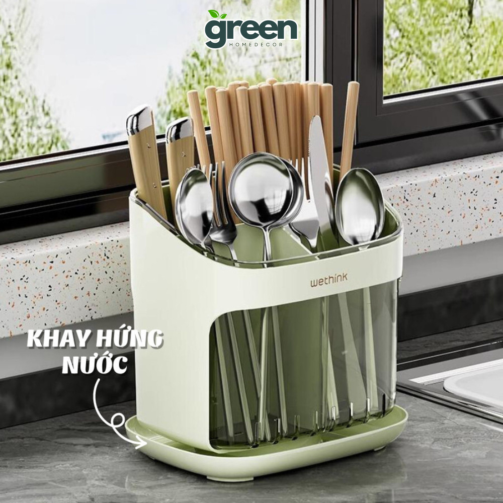 Hộp Đựng Đũa Muỗng Có Khay Hứng Nước Thoáng Khí, Ống Đựng Đũa Để Bàn Nhà Bếp Chống Ẩm Mốc Tiện Lợi