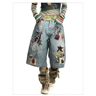 Quần short denim nam GKSSS, phong cách hip-hop Mỹ, chất lượng đường phố cao cấp, phong cách trung tính