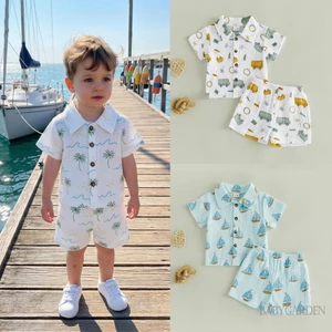 6M-4Y Bé Trai Mùa Hè Bộ Cây Dừa Nhiệt Đới / Thuyền buồm In Áo Sơ Mi Tay Ngắn Nút Xuống Và Quần Short Eo Co Giãn