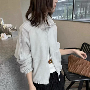 Áo sơ mi có cổ đứng đơn giản dành cho nữ, áo khoác sơ mi dáng rộng, quần áo chống nắng