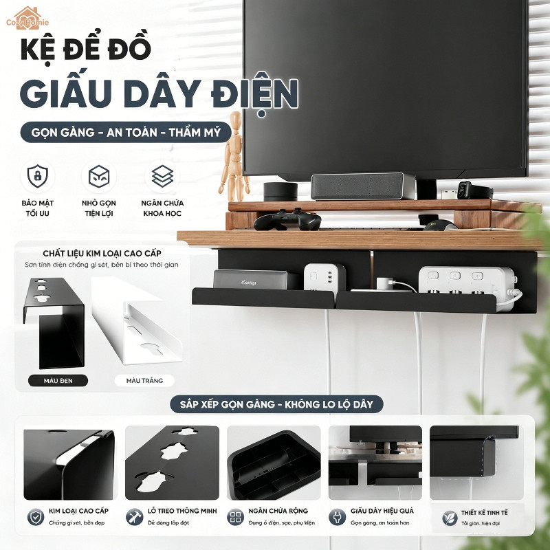 Khay quản lý dây cáp dưới bàn - che giấu ổ cắm gọn gàng, dễ lắp đặt, ngăn ngừa dây cáp rối và cách điện an toàn