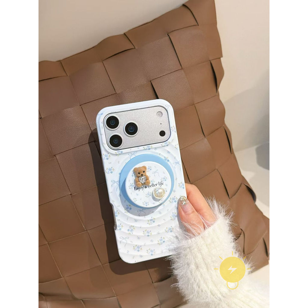Phone Case For iPhone 17 Pro Max 16 15 14 13 with Griptok TPU Magnetic Blue with Griptok Mini Flower Aesthetic Korean Cute