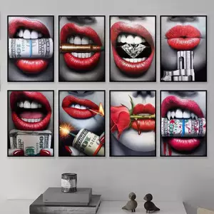 Gợi Cảm Đôi Môi Đỏ Tiền Hoa Hồng Poster Không Khung Tranh Canvas Nghệ Thuật Treo Tường Cho Phòng Khách Hiện Đại Trang Trí Nhà
