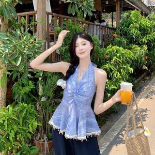 Áo camisole ngắn cổ V thanh lịch có hạt xoắn cho nữ nhỏ nhắn Mùa hè phong cách Hàn Quốc mới