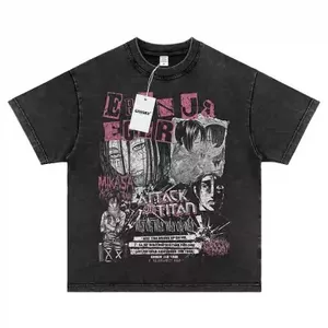 Dạo phố áo thun nam retro wash distress, thiết kế hình tấn công titanAllen và Mikasa