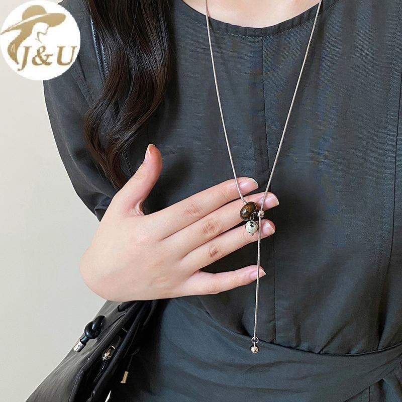 JU Áo Len Dài Retro Hổ Mắt Đá Mặt Dây Kéo Cho Nữ