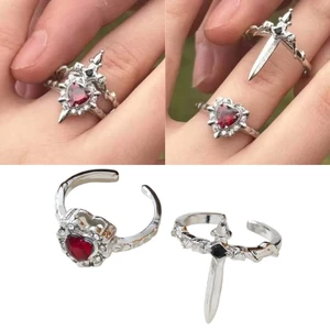 Treeling Cặp Đôi Bộ 2 Nhẫn Lãng Mạn Màu Tối Chữ Thập Thiết Kế Trái Tim Hợp Kim Có Thể Điều Chỉnh