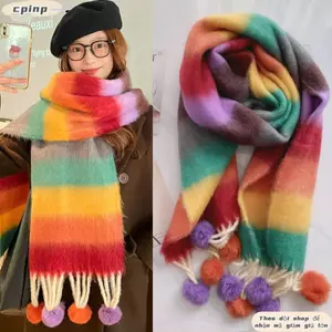 Khăn Choàng Pashmina Tua Rua Dày, Kẻ Sọc Màu Sắc Thích Hợp Mùa Thu Đông