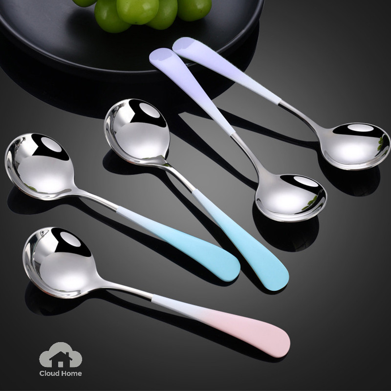 Muỗng thép không gỉ chuyển màu, muỗng ăn gia đình, muỗng tròn dành cho học sinh, muỗng súp cao cấp dành cho người lớn.