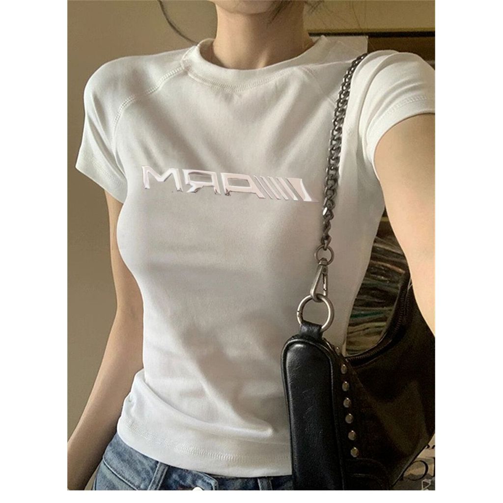 Milyfashion Kim Loại Bóng In Vải Chất Lượng Cao Cổ Tròn Tay Ngắn Vai T Mùa Hè Thiết Kế Hợp Thời Trang Hot Girl Skinny Short Top Y2K BABY TEE
