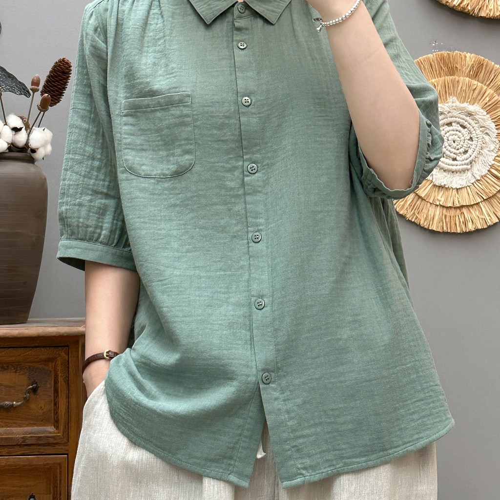 <![Sẵn Sàng] Áo sơ mi nữ mùa hè từ sợi cotton cao cấp, tay năm phần tư rời, thoáng mát và mềm mại