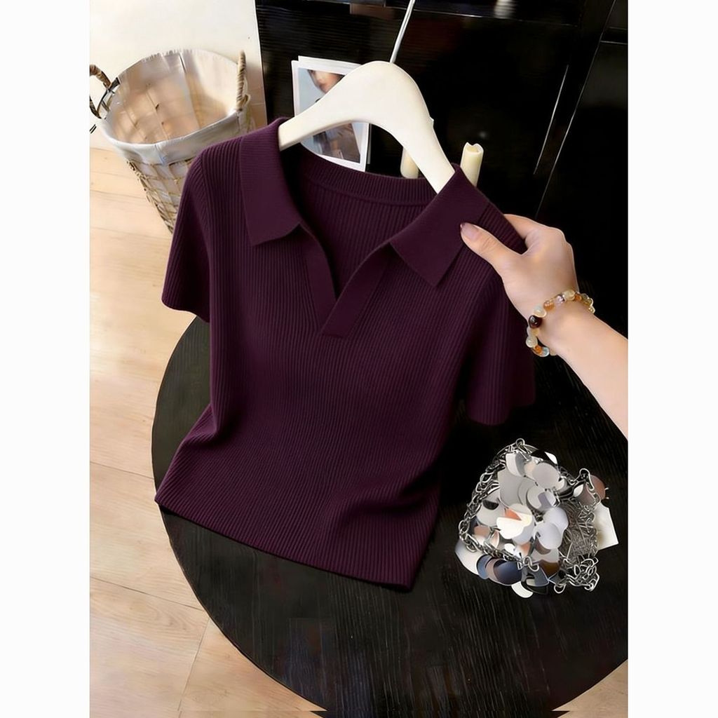 Áo len ngắn tay cổ Polo thanh lịch kiểu Pháp | Phụ Nữ Mùa Hè Mát Lụa Mỏng Slim-Fit Mỏng Hơn Nhìn Tính Khí Top, Rượu Vang Đỏ Cao Cấp Đi Lại Phù Hợp Với G