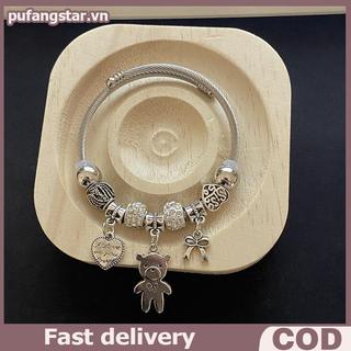 Pufangstar Cổ Đính Hạt Charm Vòng Tay Gấu Mặt Dây Chuyền Trái Tim Tình Yêu Có Thể Điều Chỉnh Vòng Tay Lắc Tay Nữ DIY Trang Sức Quà Tặng VN
