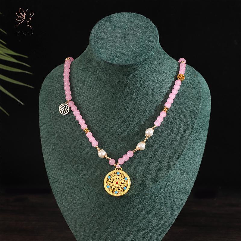 HNKMP Ngọc Trai Phong Cách Trung Quốc Nelace Hanfu Phụ Kiện Hợp Kim Kẽm Rỗng Khắc Mặt Dây Chuyền Dây Xích Dài Nelace.