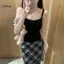 LUImo Mùa Hè Dây Ren Chắp Vá Camies Nữ Màu Trơn Không Tay Nút Tank Top SBS