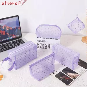 Túi đựng mỹ phẩm dành cho nữ AFTEROF, Túi trang điểm lưới màu xanh / tím trong suốt, Túi đựng son môi đa chức năng di động