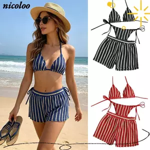 Đồ bơi nữ NICOLOO, Bikini sọc đi biển cổ điển, Thời trang nhỏ Busts Fit dệt kim Chi tiết dây buộc Bộ bikini Khu nghỉ mát mùa hè