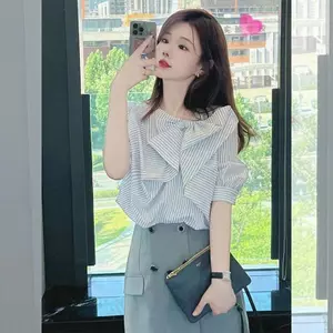 Áo sơ mi ngắn tay chuyên nghiệp sọc kiểu Pháp Áo sơ mi nữ mùa hè Áo sơ mi voan xù không đều cao cấp
