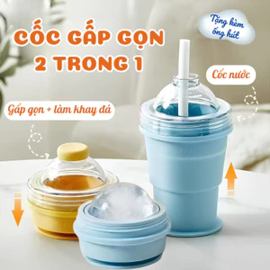 Cốc Nước Làm Đá Gấp Gọn 2 Trong 1 Kèm Ống Hút – Ly Uống Nước Du Lịch Có Nắp Kết Hợp Khay Làm Đá Tiện Lợi GREEN