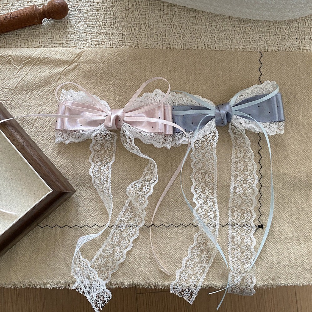 Hululu / Con Gái Sang Trọng Ren Chấm Bi Nơ Tóc Mũ Đội Đầu Satin Ruy Băng Kẹp Tóc Cô Gái Nhẹ Nhàng Mỏ Vịt Kẹp Phụ Kiện Tóc
