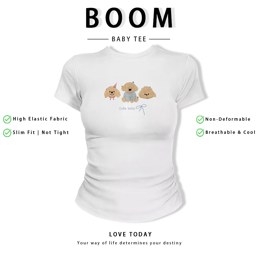 BOOM Áo Baby Tee Nữ Cotton Ôm Body-Áo Thun Ngắn Tay Y2K In Hình PhongCách Mùa Hè, Cổ Tròn Hàng Đầucách hàn quốc phongF30