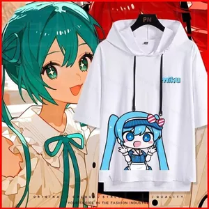 YB1 KASENE TETO Hatsune Miku mùa hè có mũ trùm đầu ngắn tay Áo hoodie dáng rộng BY1