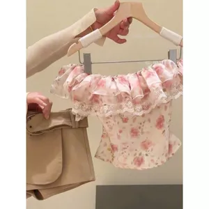 Pháp Phong Cách Ngọt Ngào Hoa Xù Ren Khâu Ống Áo Vest Nữ Xuân Hè Phong Cách Mới Một Vai Giảm Tuổi S