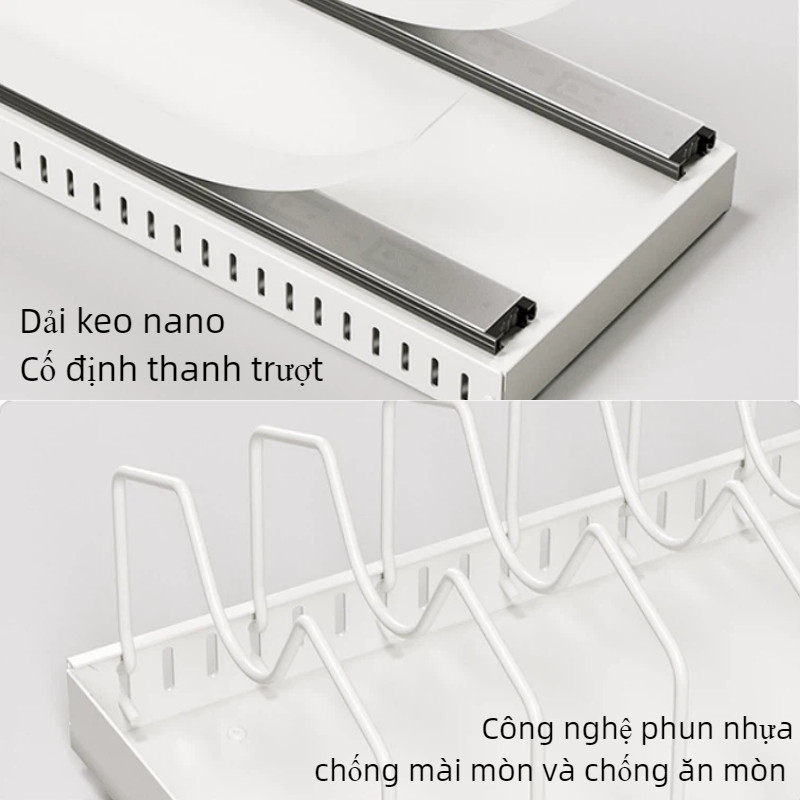 Kệ kéo trượt, kệ đựng nồi chảo, giá để nồi, không khoan lỗ, tặng keo nano, chống gỉ, tặng keo nano